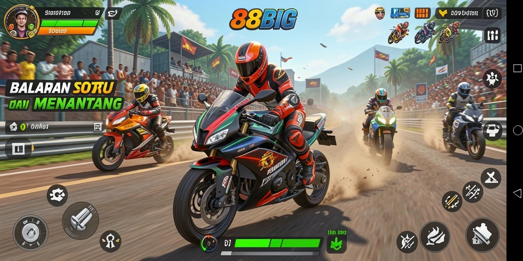 Screenshot menunjukkan aksi balapan motor yang mendebarkan.
