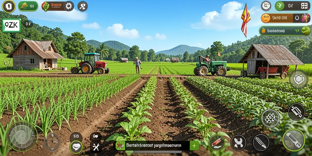 Tampilan gameplay menarik dengan kebun yang beragam.