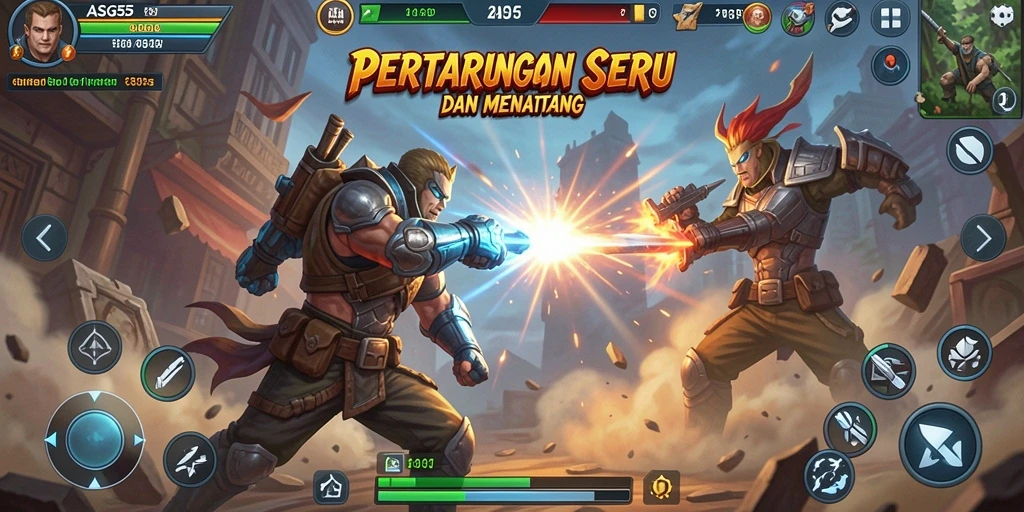 Tampilan pertarungan seru dalam ASG55 dengan karakter unik dan arena beragam.