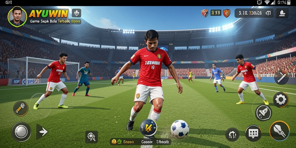 Screenshot gameplay menarik AYUWIN, memperlihatkan aksi di lapangan sepak bola.
