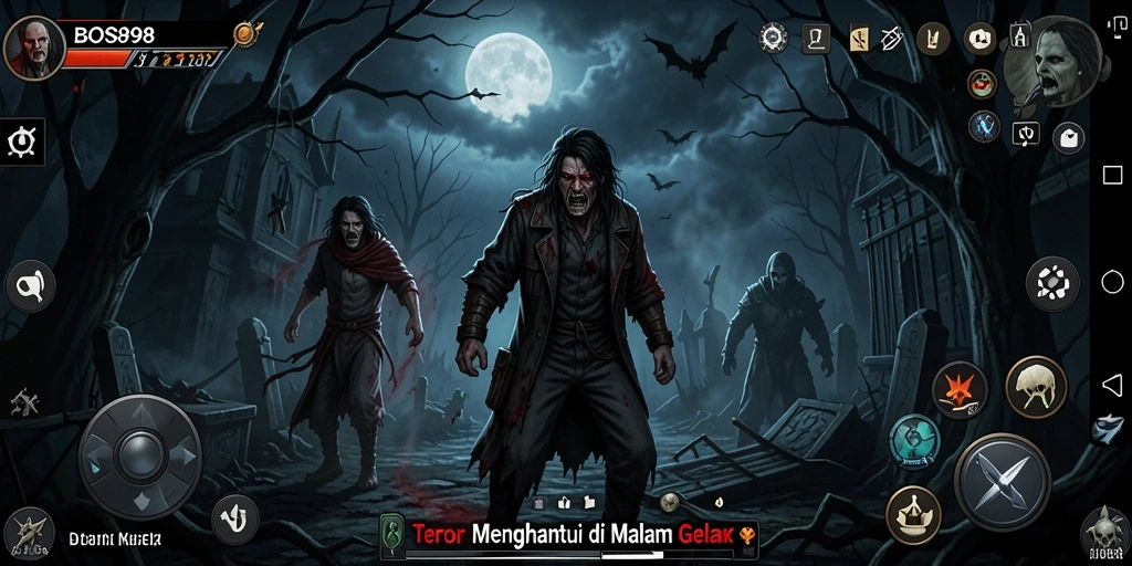 Screenshot gameplay BOS898 menampilkan suasana mencekam dan karakter yang terjebak dalam kegelapan.