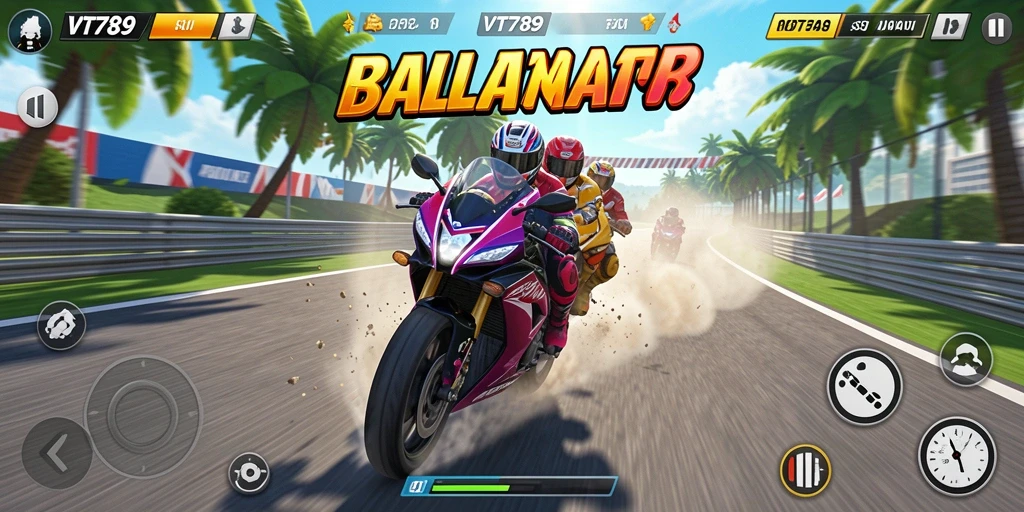 Tampilan gameplay balapan motor yang seru dan mendebarkan.